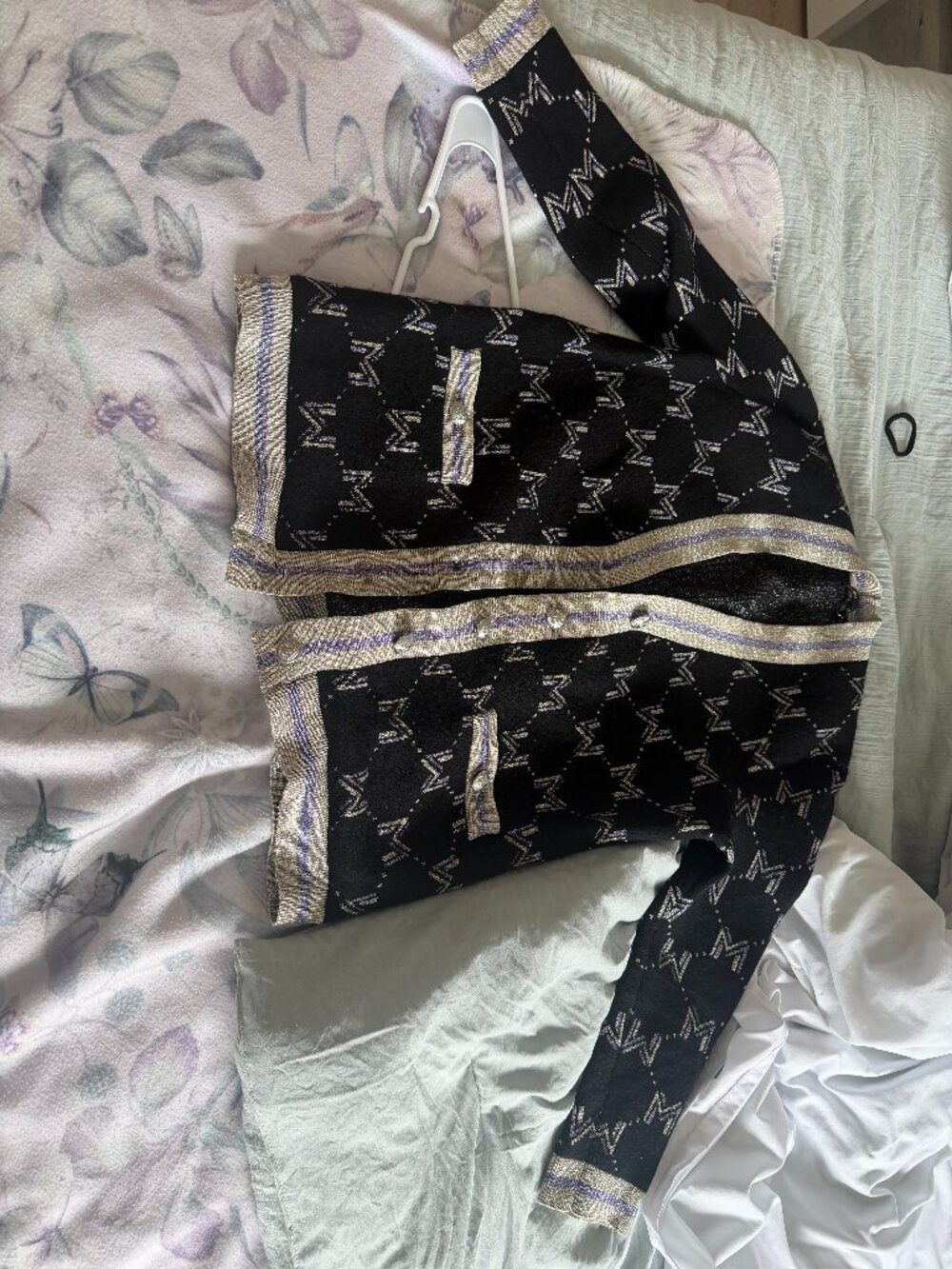 Maje coat, size 1, black, lilac, and silver with silver buttons.